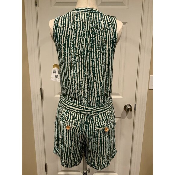 Ett Twa Anthropologie Dark Green & White Patterned V-Neck Romper, Size 0 (US) - Picture 7 of 8